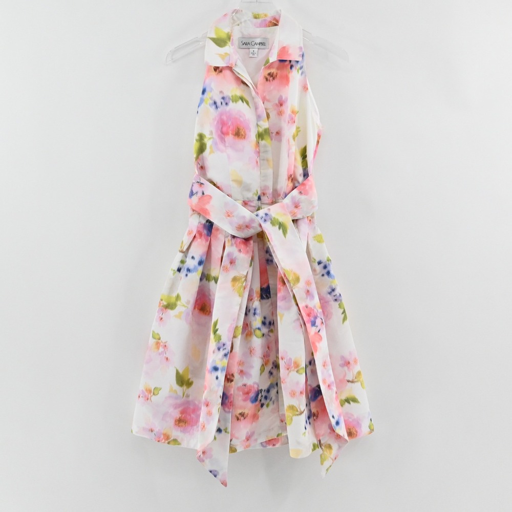Sara‎ Campbell Floral Fit Flare Dress Womens Size 6 White Pink Watercolor Garden - Picture 2 of 13